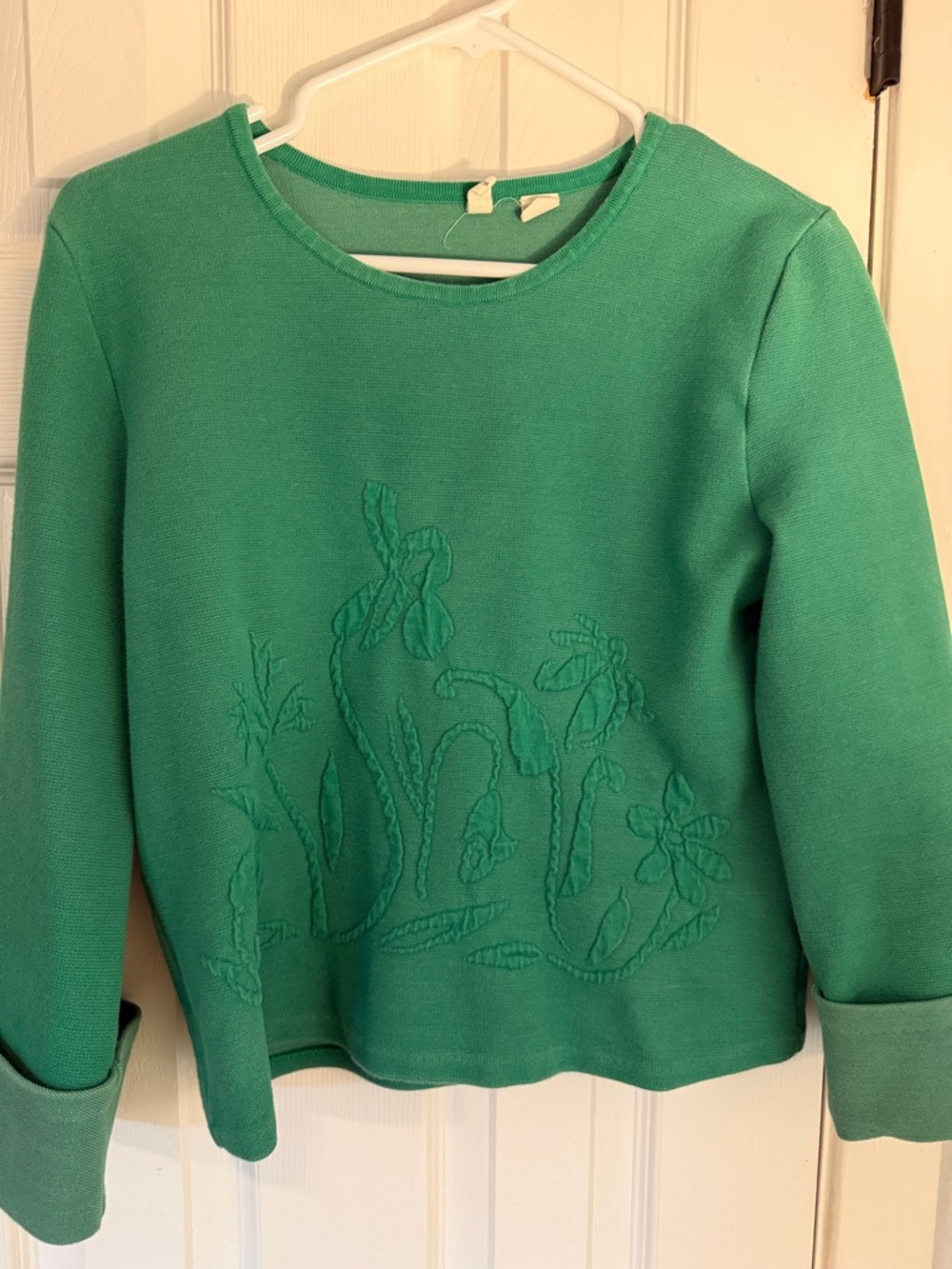 Anthropologie Teal Green Embroidered Crewneck Top